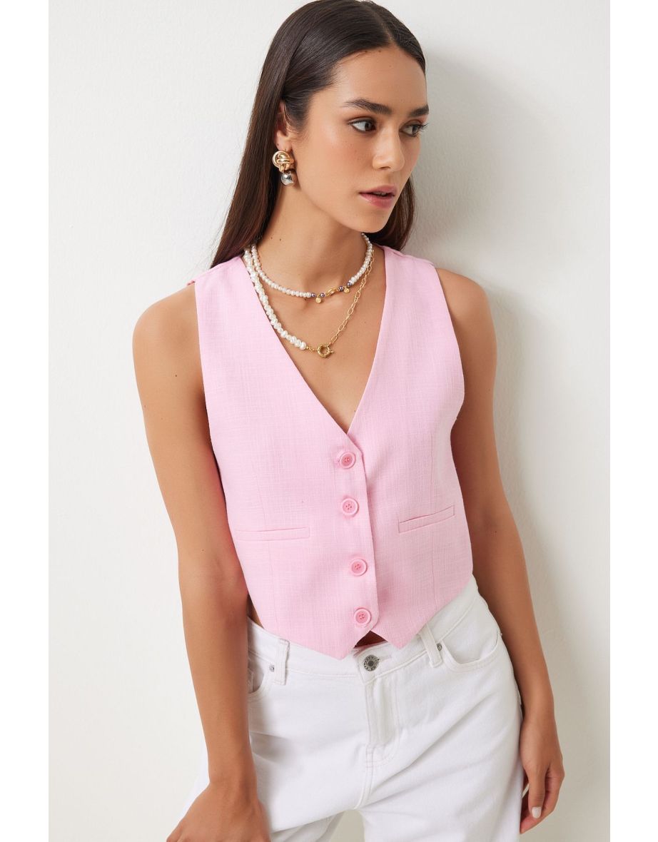 Women's Pink Linen Short Vest
