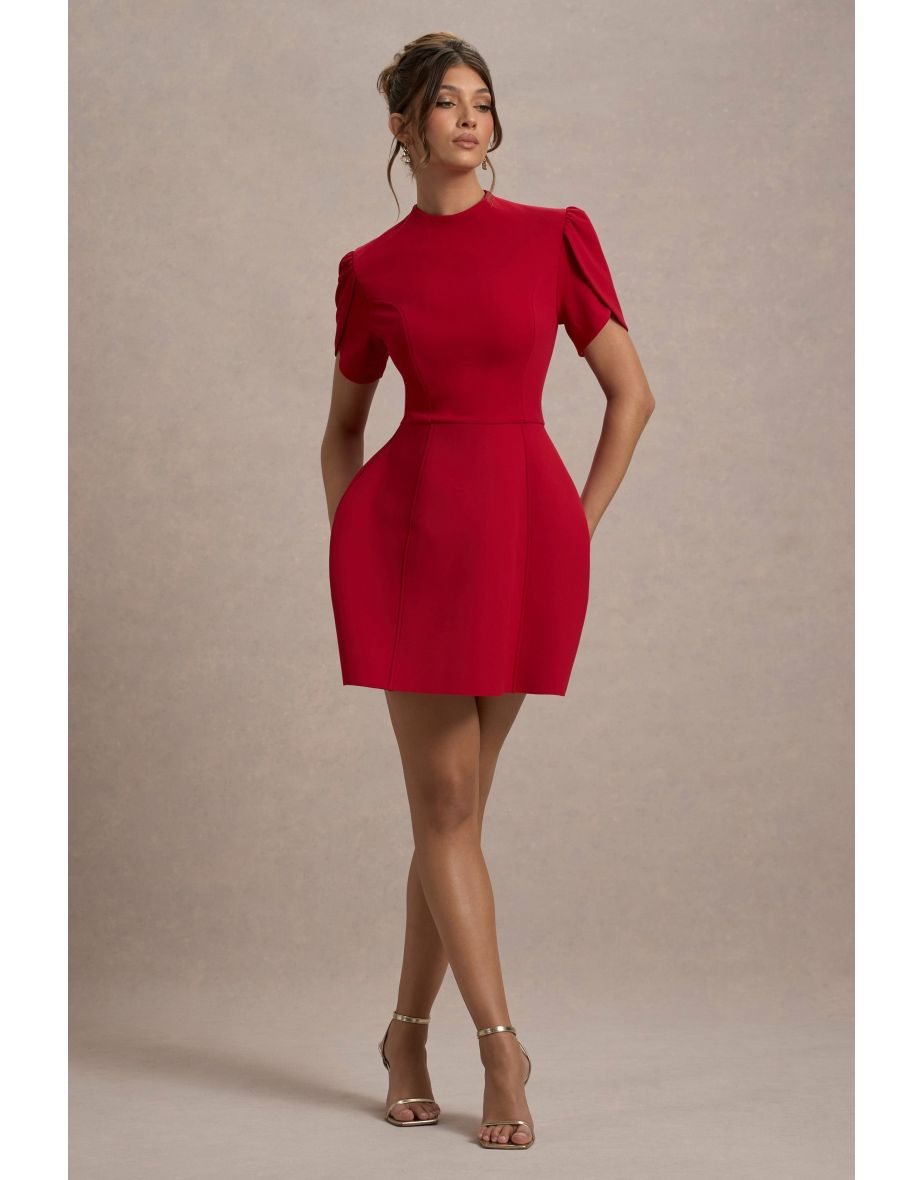 Carabella | Red High-Neck Short-Sleeve Mini Dress