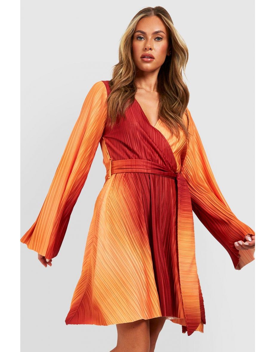 Plisse Ombre Extreme Sleeve Skater Dress - orange