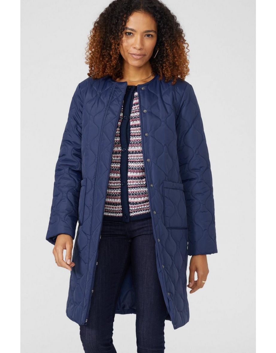 Collarless Quilted Long Jacket & Padded Scarf - navy