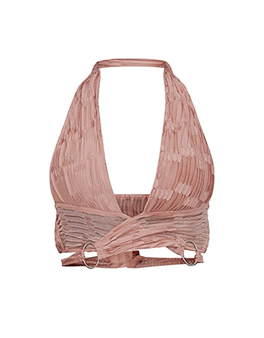 Mauve Plisse Ring Detail Wrap Around Crop Top - 4