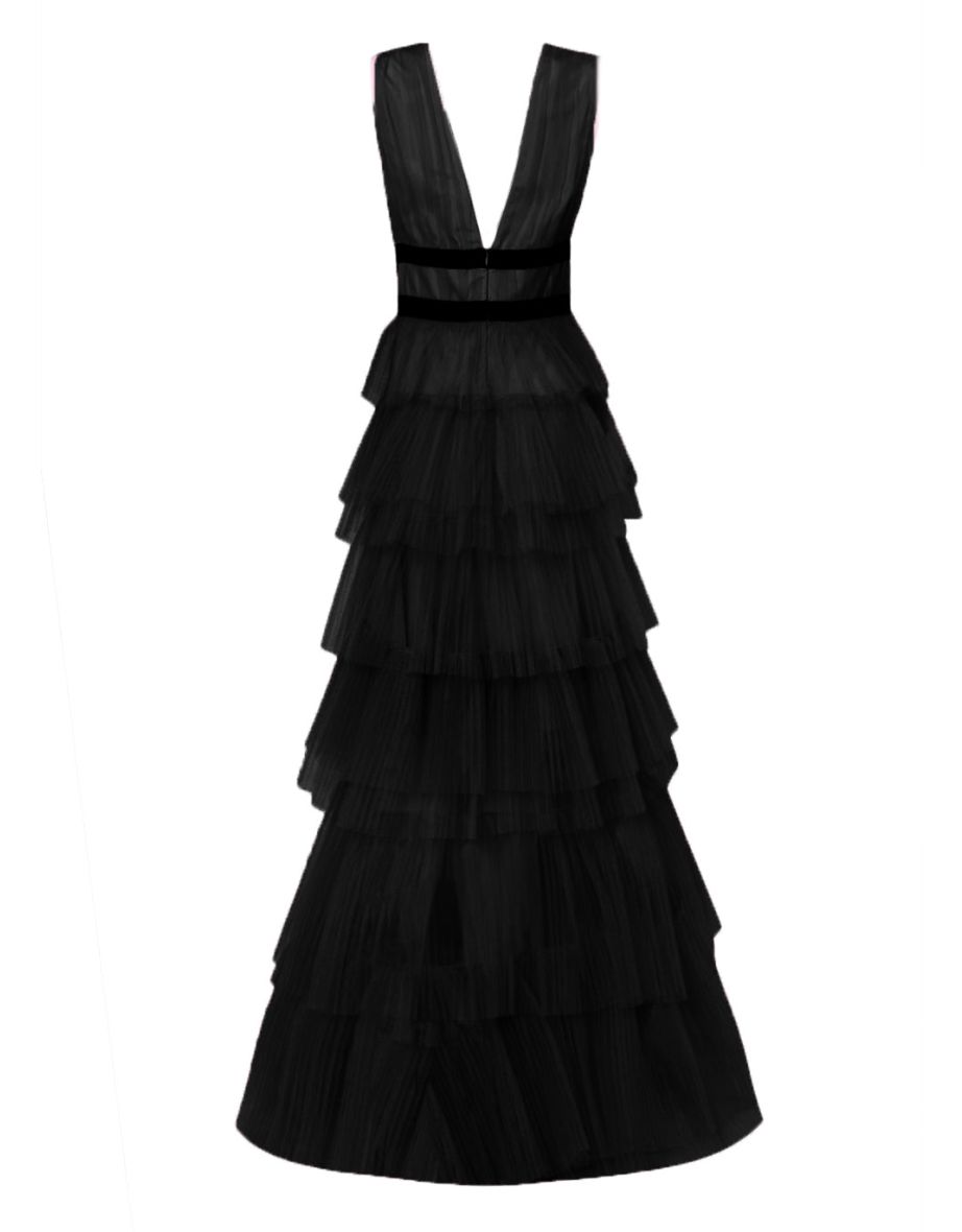Eliza Black Plunge Front Tulle Layered Maxi Dress - 4