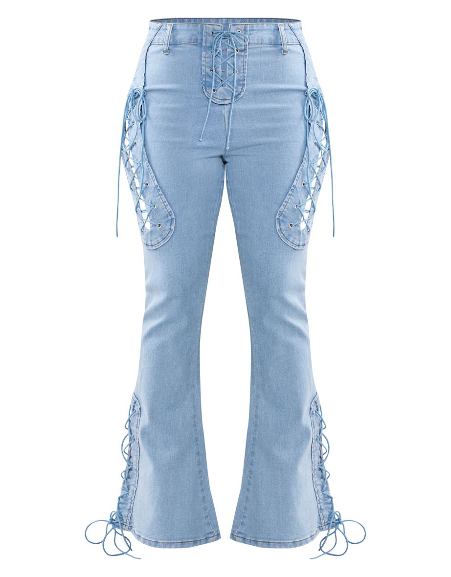 Shape Light Blue Stretch Denim Lace Up Flare Jeans - 4
