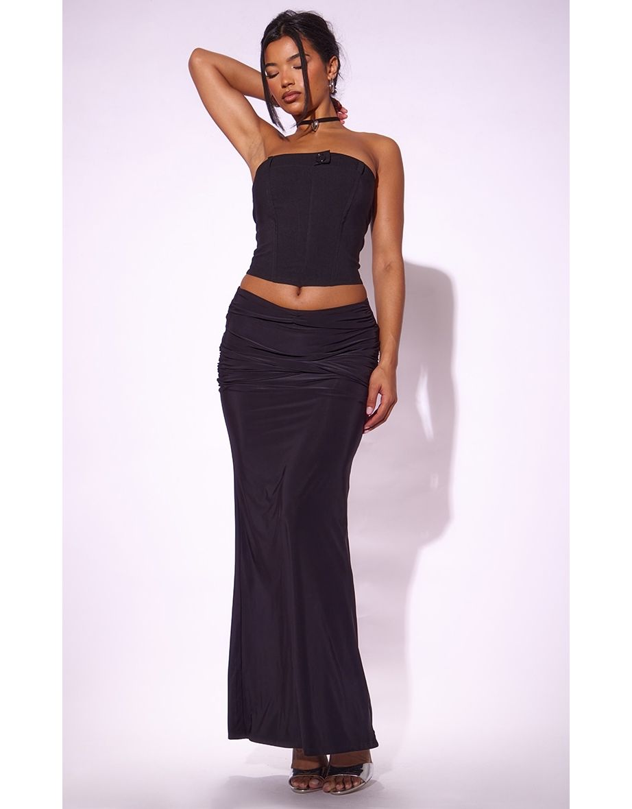 Black Slinky Double Twist Front Maxi Skirt