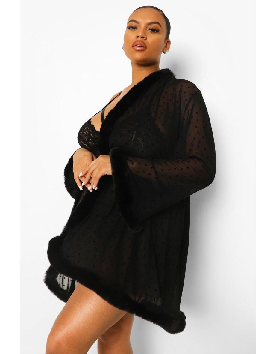 Plus Mesh Heart Fluffy Trim Kimono - black