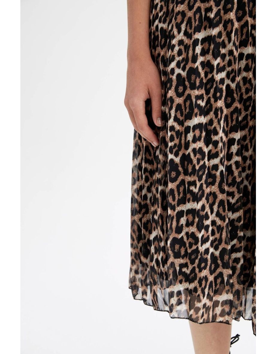 Leopard Pattern A-Line Elastic Waist Pleated Pleated Chiffon Midi Skirt - 5