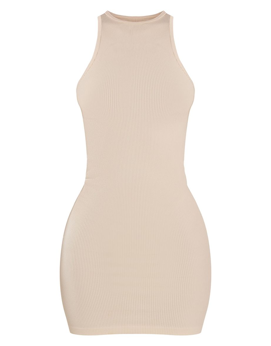 Petite Ecru Contour Rib Racer Neck Bodycon Dress - 4