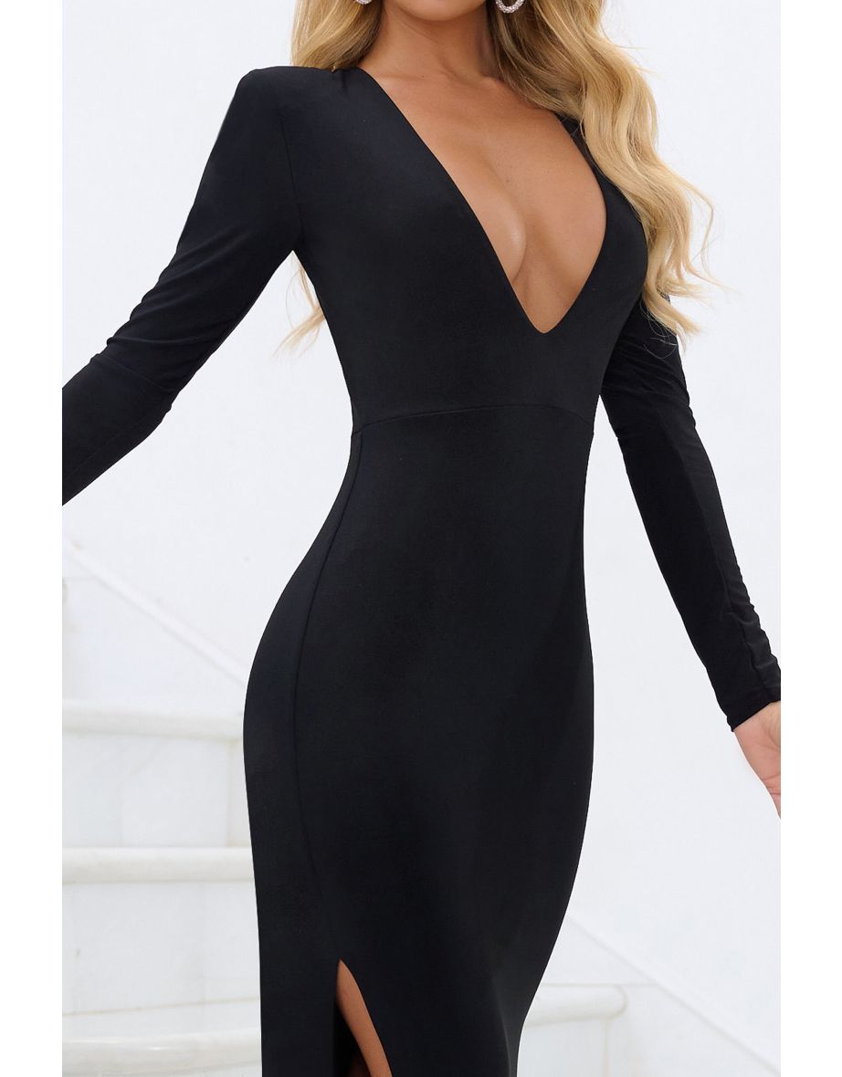 Delight | Black Extreme Plunge Long Sleeve Maxi Dress - 2
