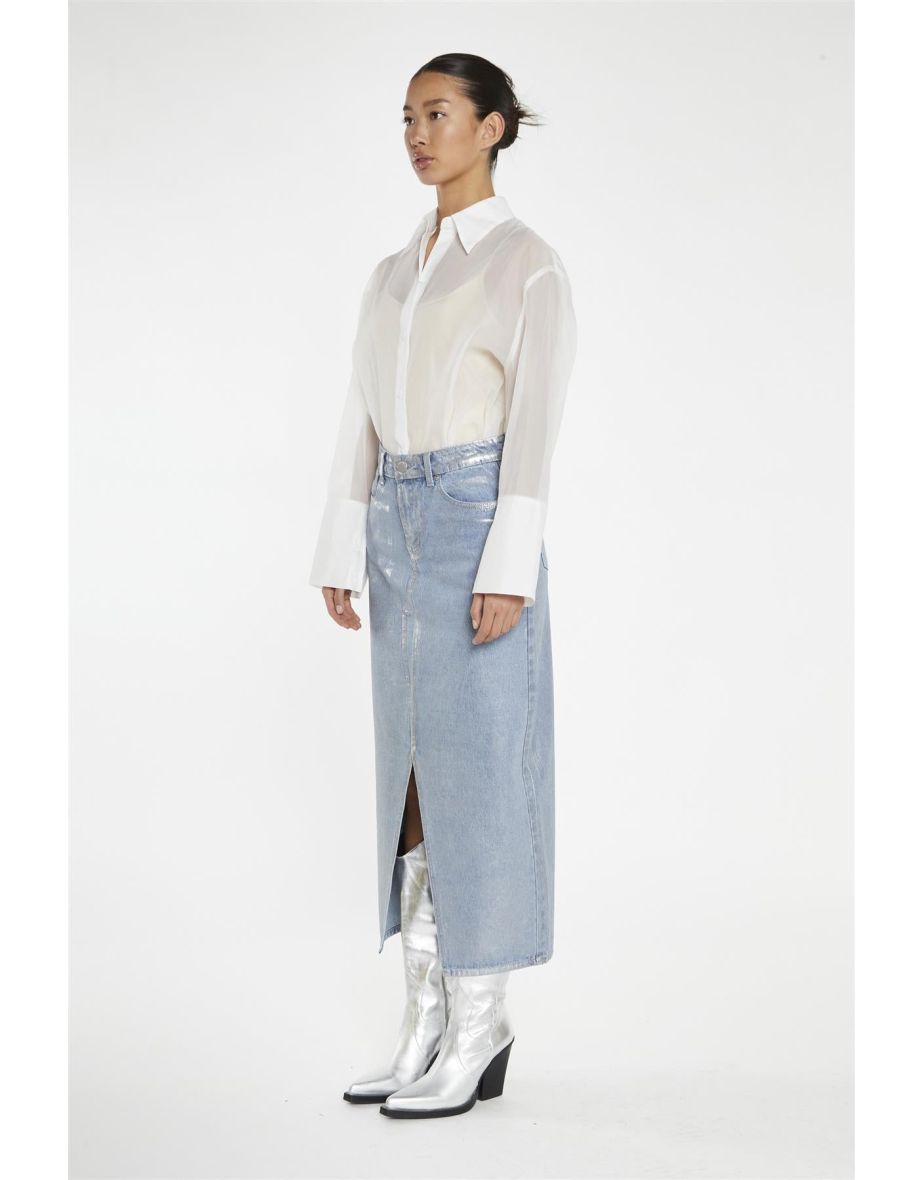 Blue Silver-Foil Denim Midi-Skirt - 3