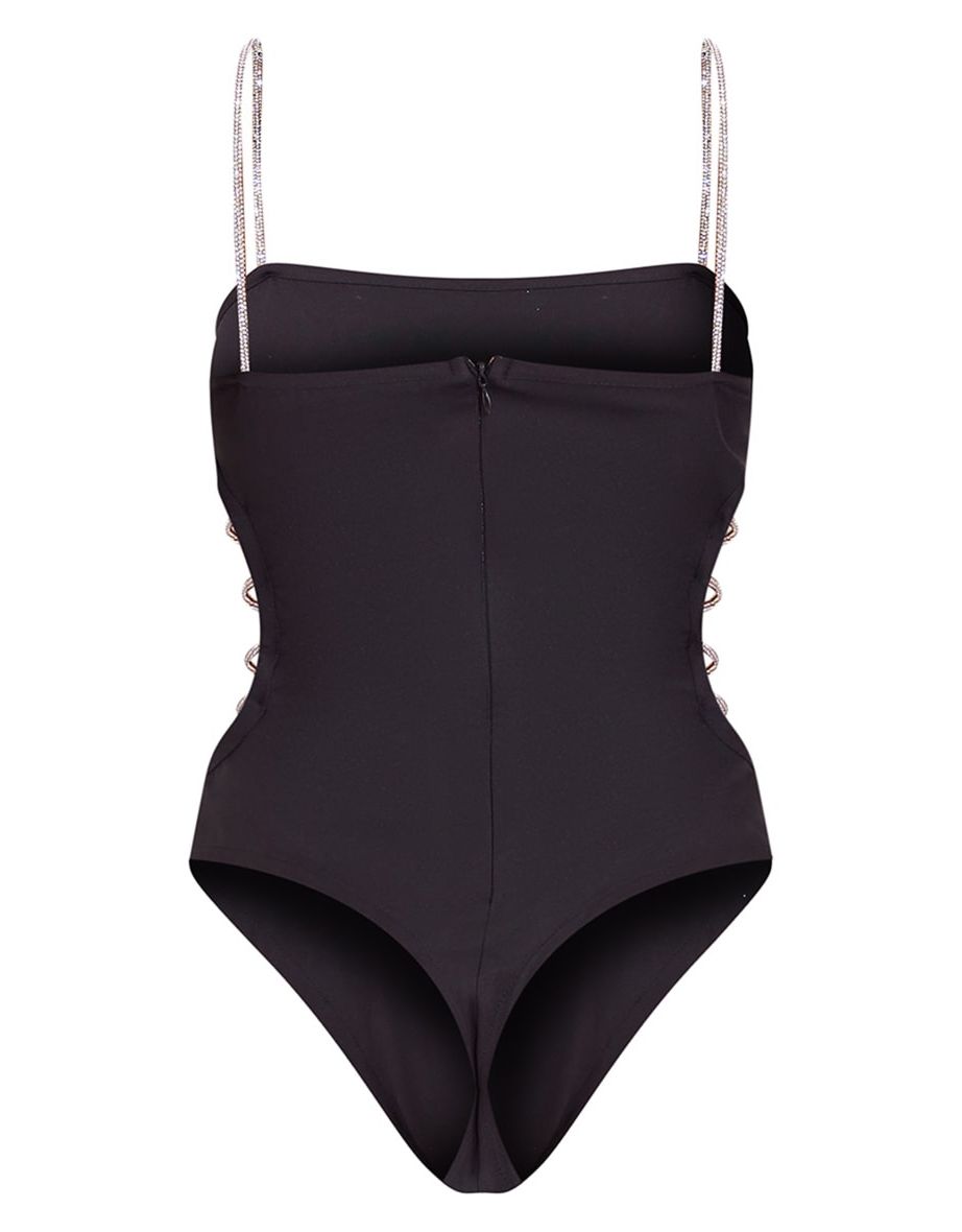 Black Diamante Trim Cut Out Side Bodysuit - 5