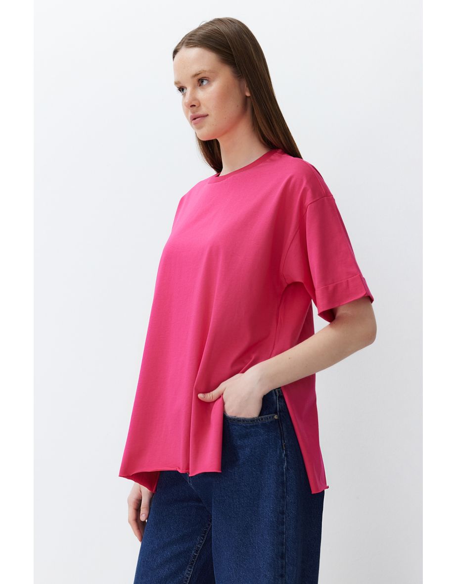 Pink 100% Cotton Double Sleeve Asymmetric Boyfriend Knitted T-Shirt