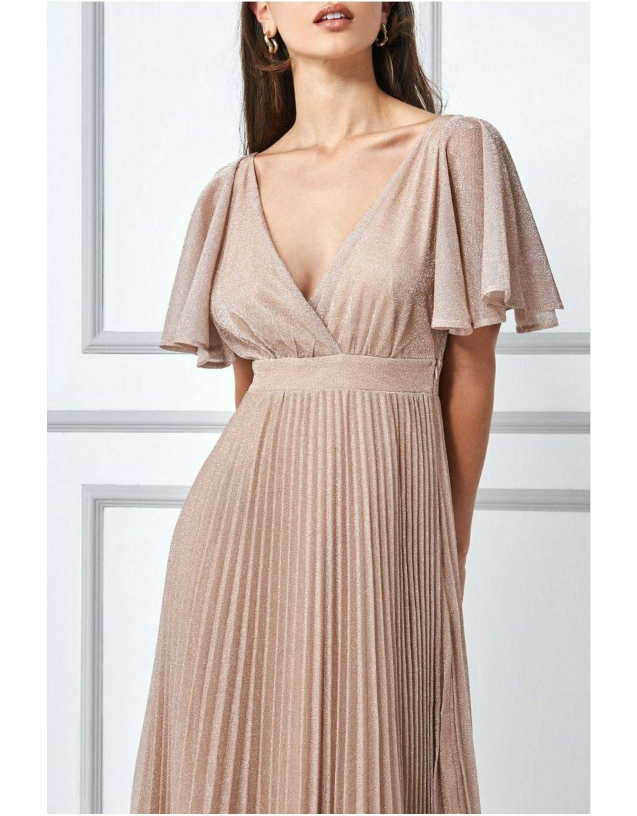 Goddiva Lurex Pleated Maxi Dress - Pink - 2