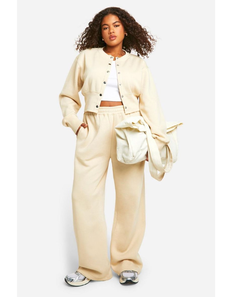 Plus Popper Detail Deep Hem Bomber Sweatshirt Tracksuit - ecru