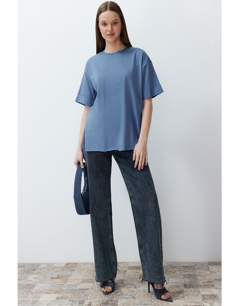Indigo 100% Cotton Double Sleeve Asymmetric Boyfriend Knitted T-Shirt