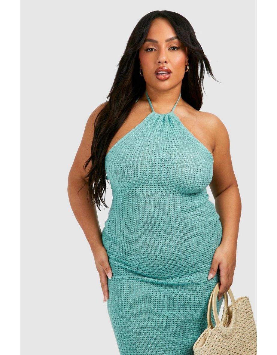 Plus Crochet Halter Maxi Dress - turquoise - 3