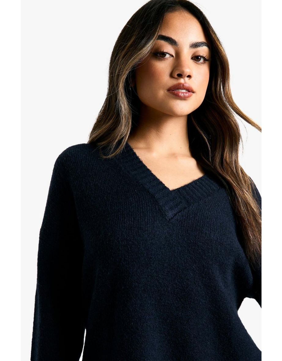 Knitted V Neck Oversized Slouchy Jumper - navy - 3