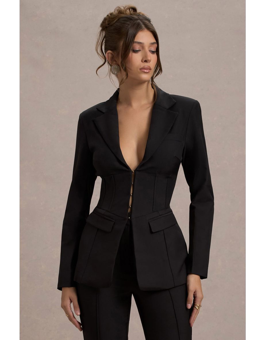 Unbeaten | Black Plunge Corset Waist Blazer