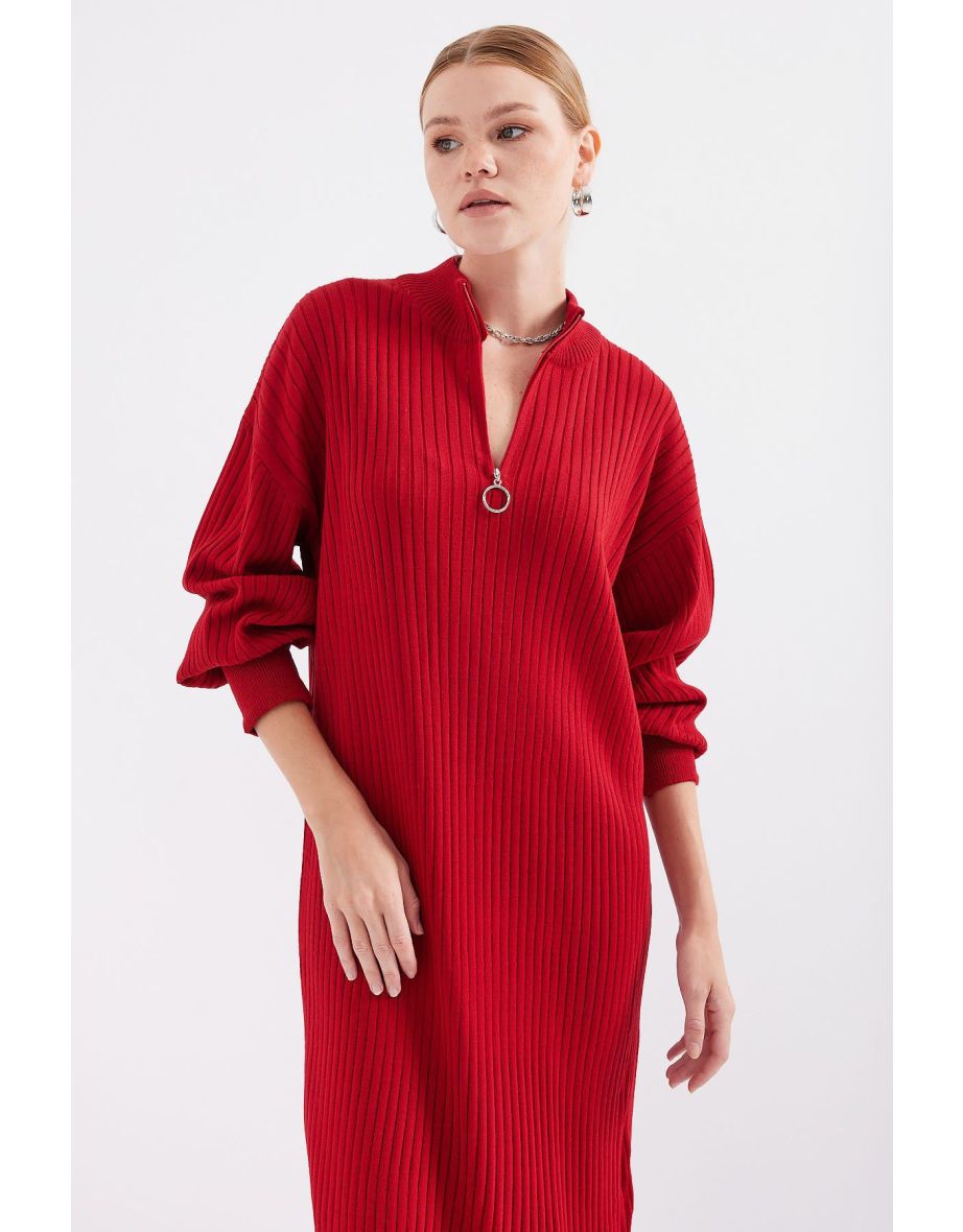 Full-length Knitwear Dress - Red - 5