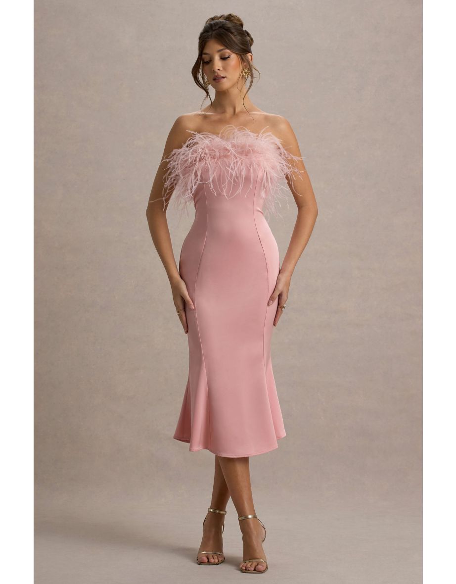 One And Only | Light Pink Satin Feather Trim Midi Dress