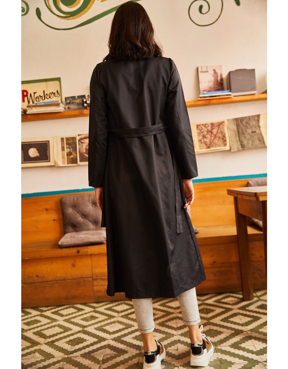 Women's Black Unlined Trench Coat with Pocket - 7
