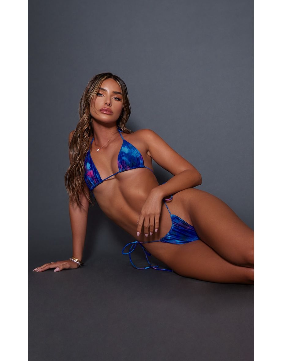 Blue Acid Wash Contrast Tie Triangle Bikini Top