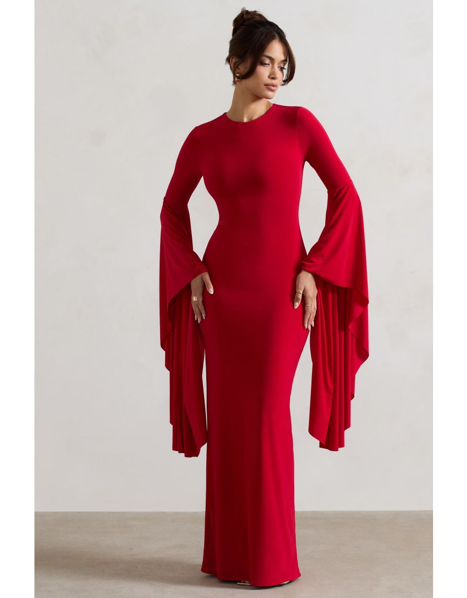 Modena | Red Waterfall Sleeve Maxi Dress