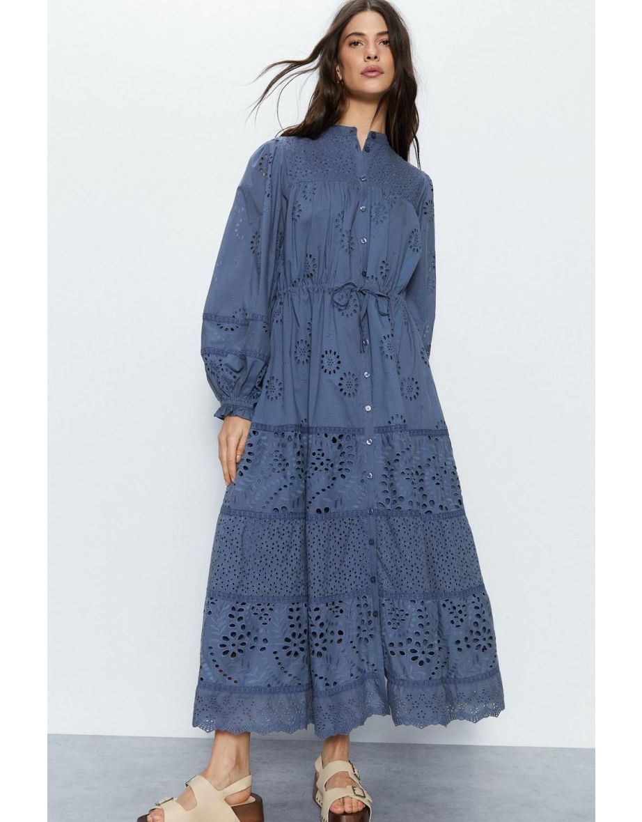 Shop Broderie Drawstring Waist Midi Dress Online in Qatar VogaCloset