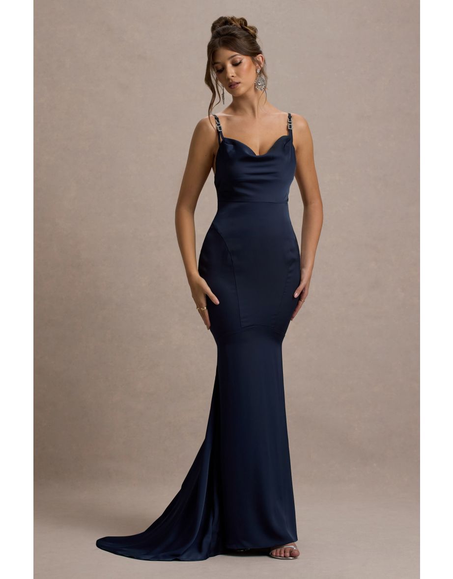 Made With Love | Navy Satin Strappy Fishtail Maxi Dress
