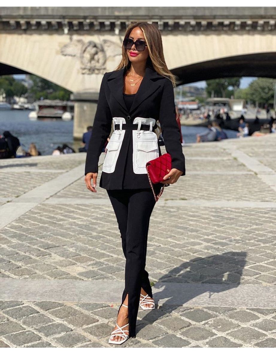 SHANA BLACK & WHITE BELTED BLAZER WITH LARGE POCKETS - 5