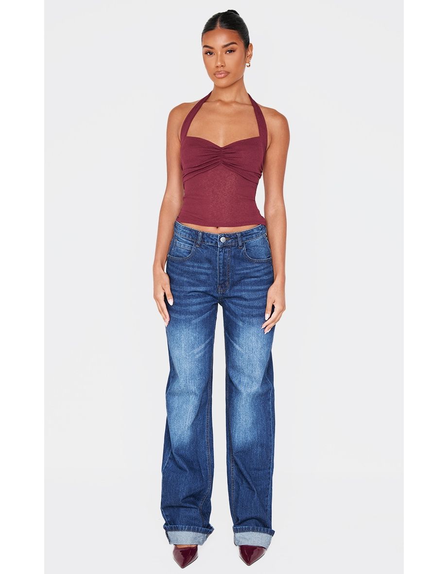 Burgundy Burnout Mesh Halterneck Top