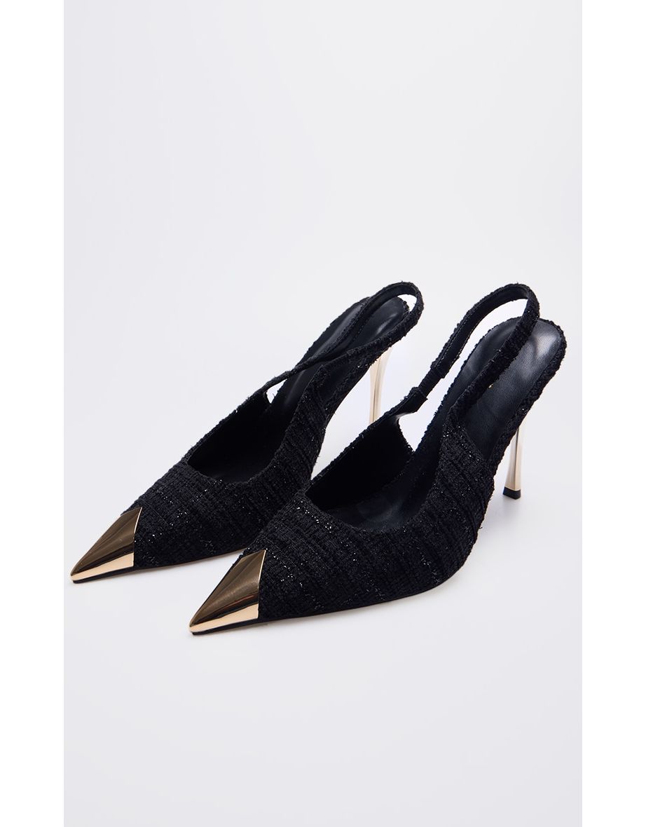 Black Boucle Metal Toe Cap High Stiletto Court Heels - 3