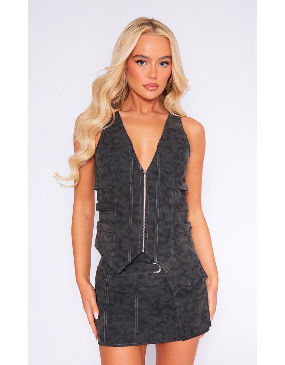 Black Washed Faux Leather Zip Front Strap Detail Corset