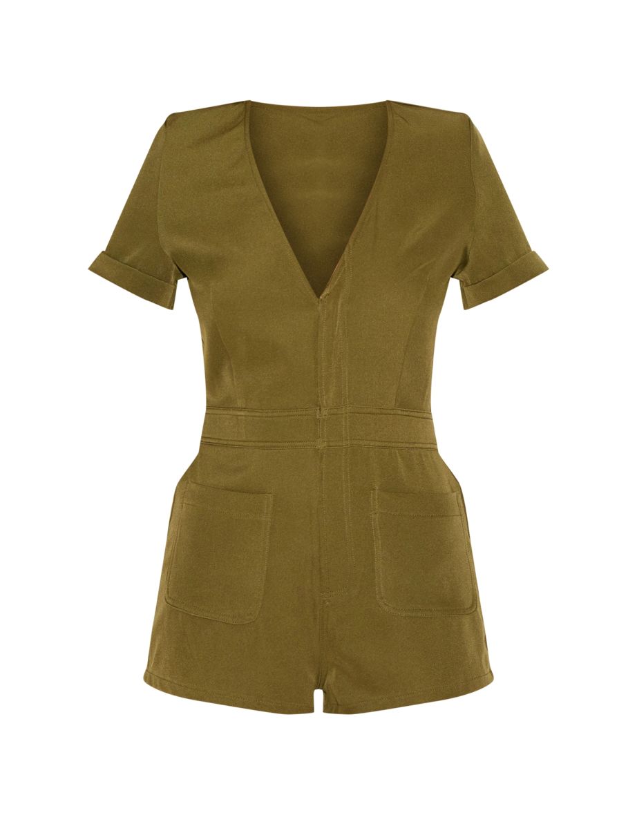 Khaki Woven Plunge Utility Short Sleeve Playsuit - 4