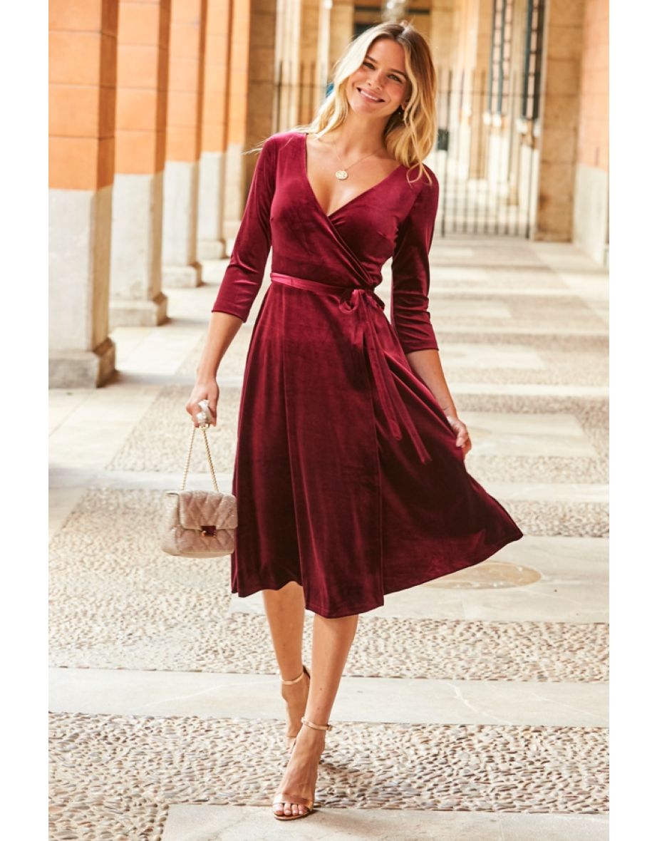 Ruby Red Luxe Velvet Wrap Midi Dress