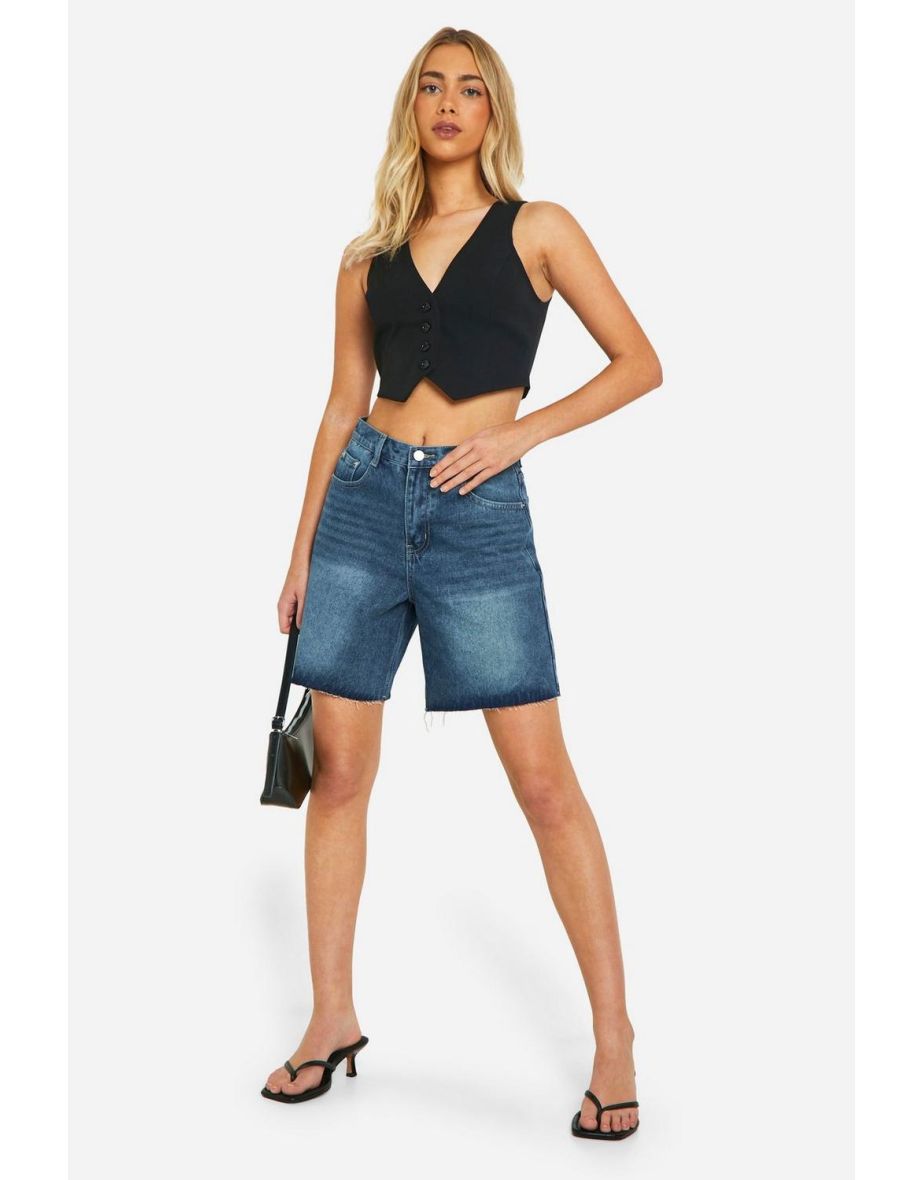 Mid Wash Fray Hem Longline Denim Shorts