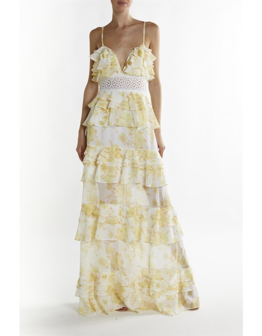 Yellow Watercolour-Floral Sophia Plunge Front Tiered Ruffle Maxi-Dress - 2