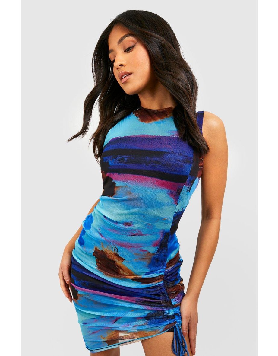 Ruched Hem Abstract Bodycon Midi Dress - blue - 3