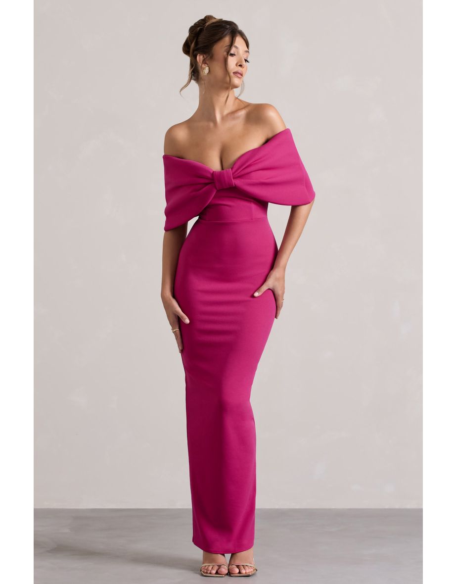 Cornelia | Hot Pink Strapless Maxi Dress With Oversized Bow - 5