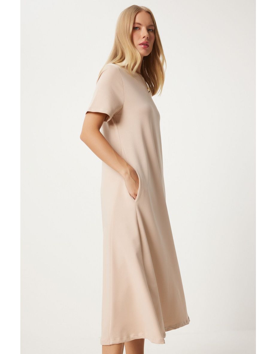 Women's Beige A-Line Summer Cotton Dress UB00060 - 6
