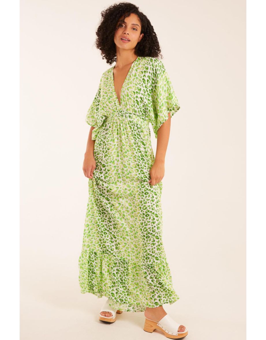 Elasticated Waist Tier Hem Angel Sleeve Maxi Dress