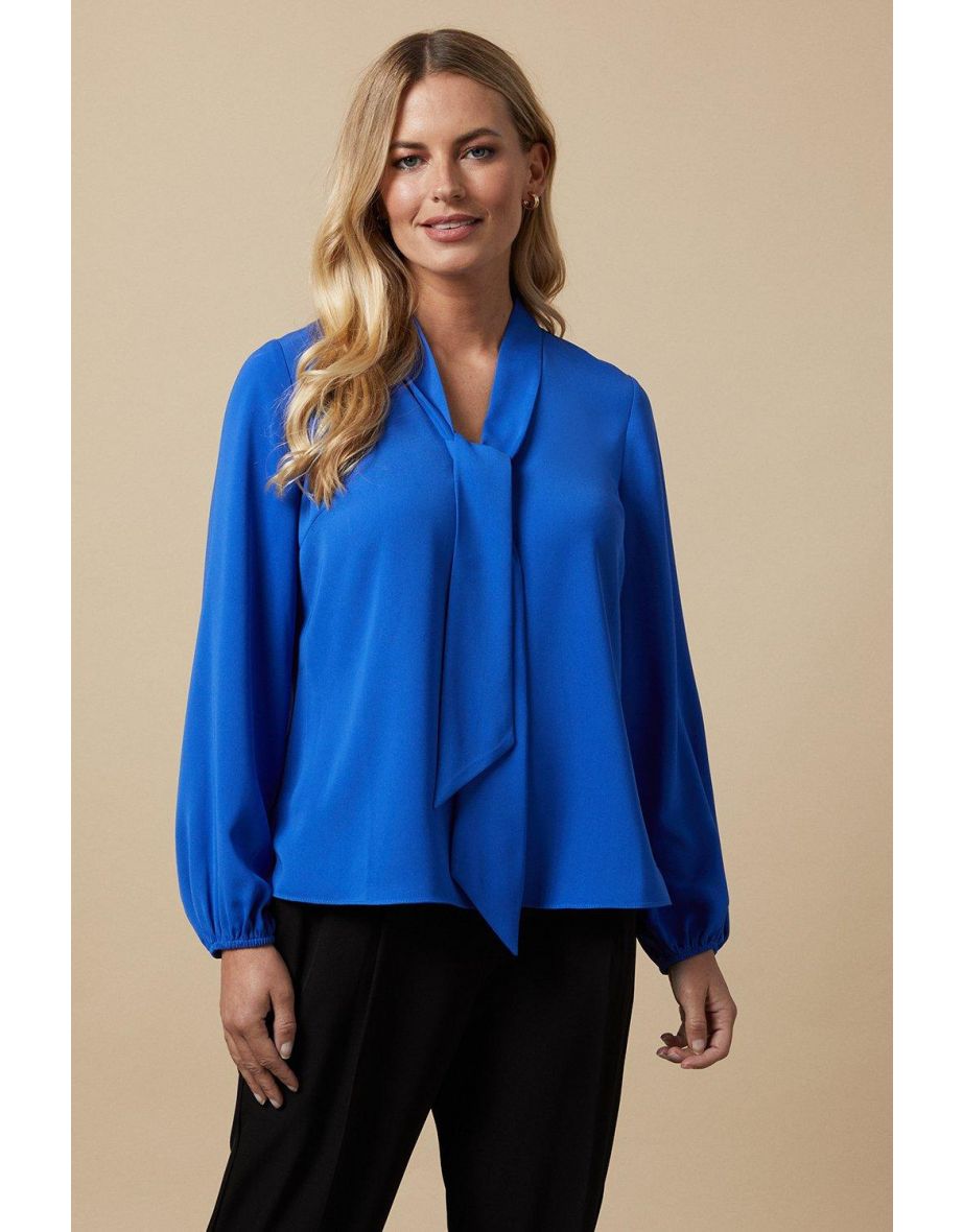 Petite Plain Blue Tie Neck Blouse