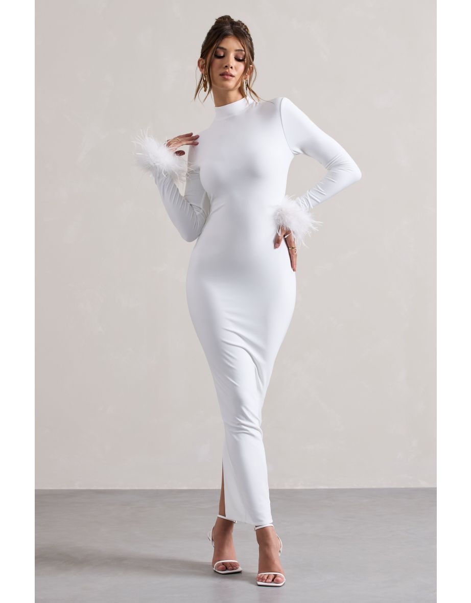 Khalia | White High-Neck Feather-Cuff Maxi Dress