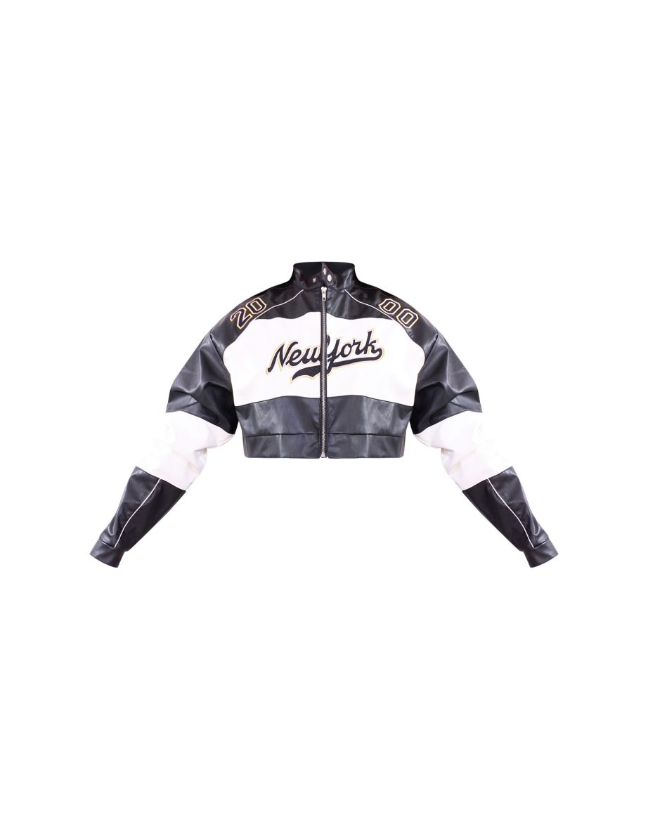 Black Faux Leather Contrast Panel Cuba Graphic Crop Racer Jacket - 4