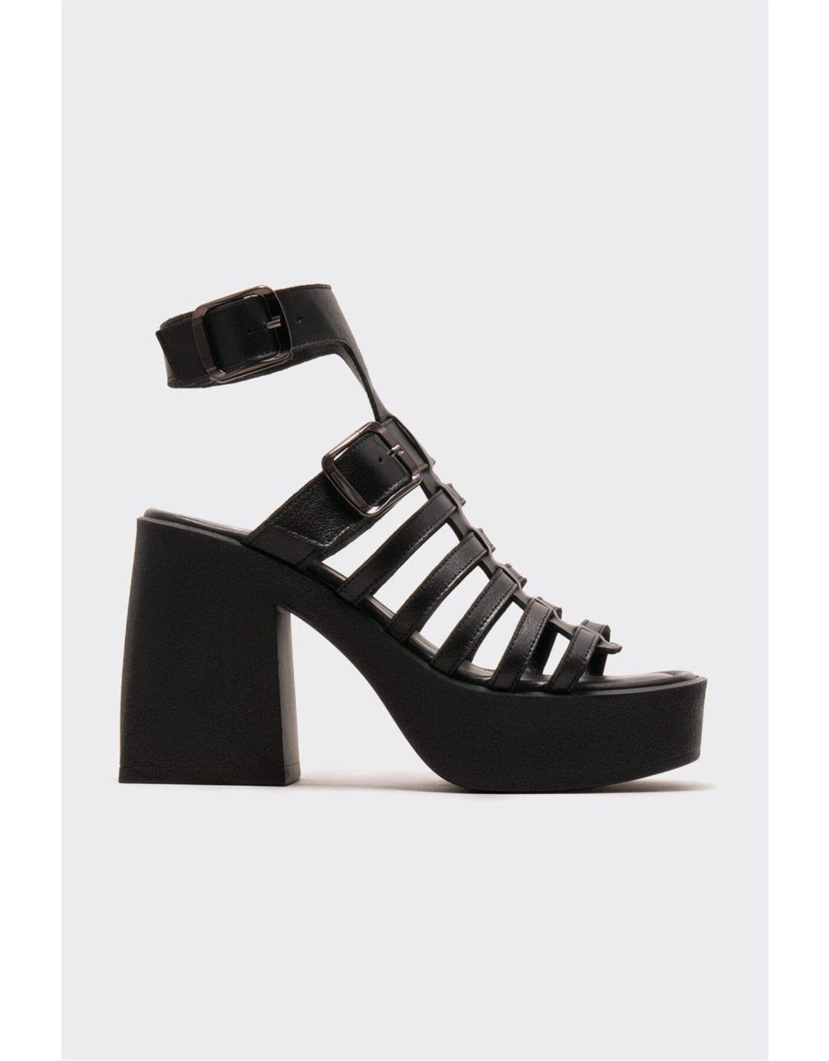 Black Leather Women's Heeled Sandals