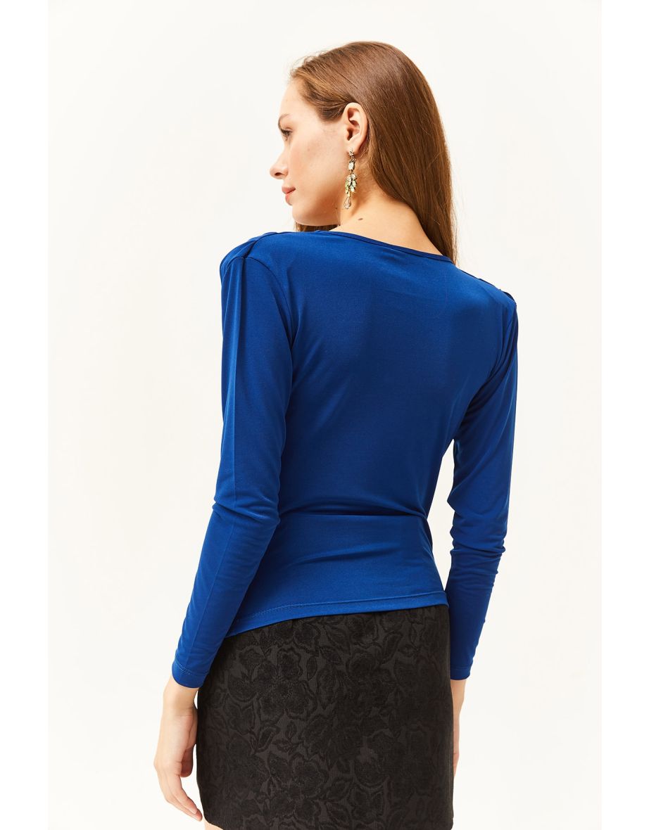 Women's Saxe Blue Waistband Pleated Turndown Collar Blouse - 5