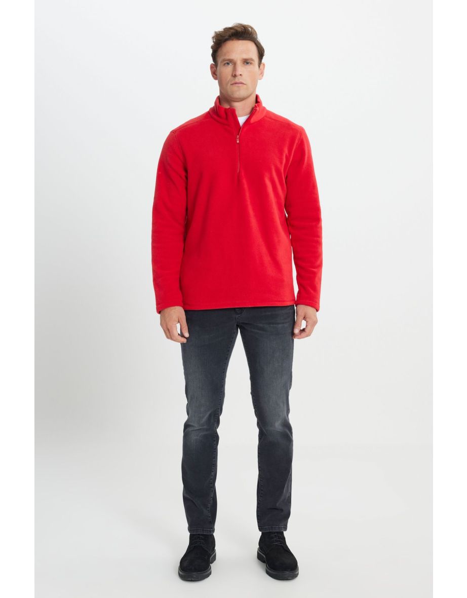 Men's Red Anti-pilling Anti-Pilling Standard Fit High Neck Cold Proof Fleece Sweatshirt