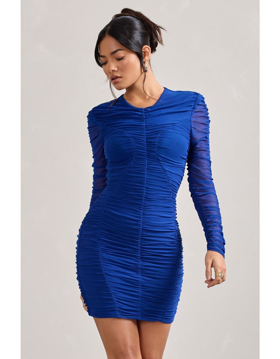 Euphoria | Cobalt Blue Ruched Long Sleeve Mini Dress - 4
