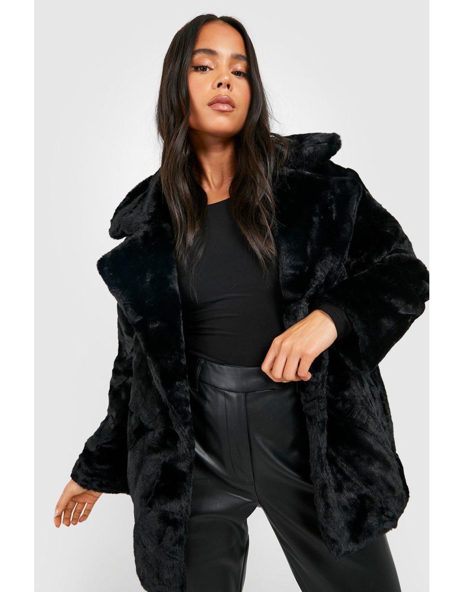 Petite Oversized Collar Luxe Faux Fur Coat - black - 3