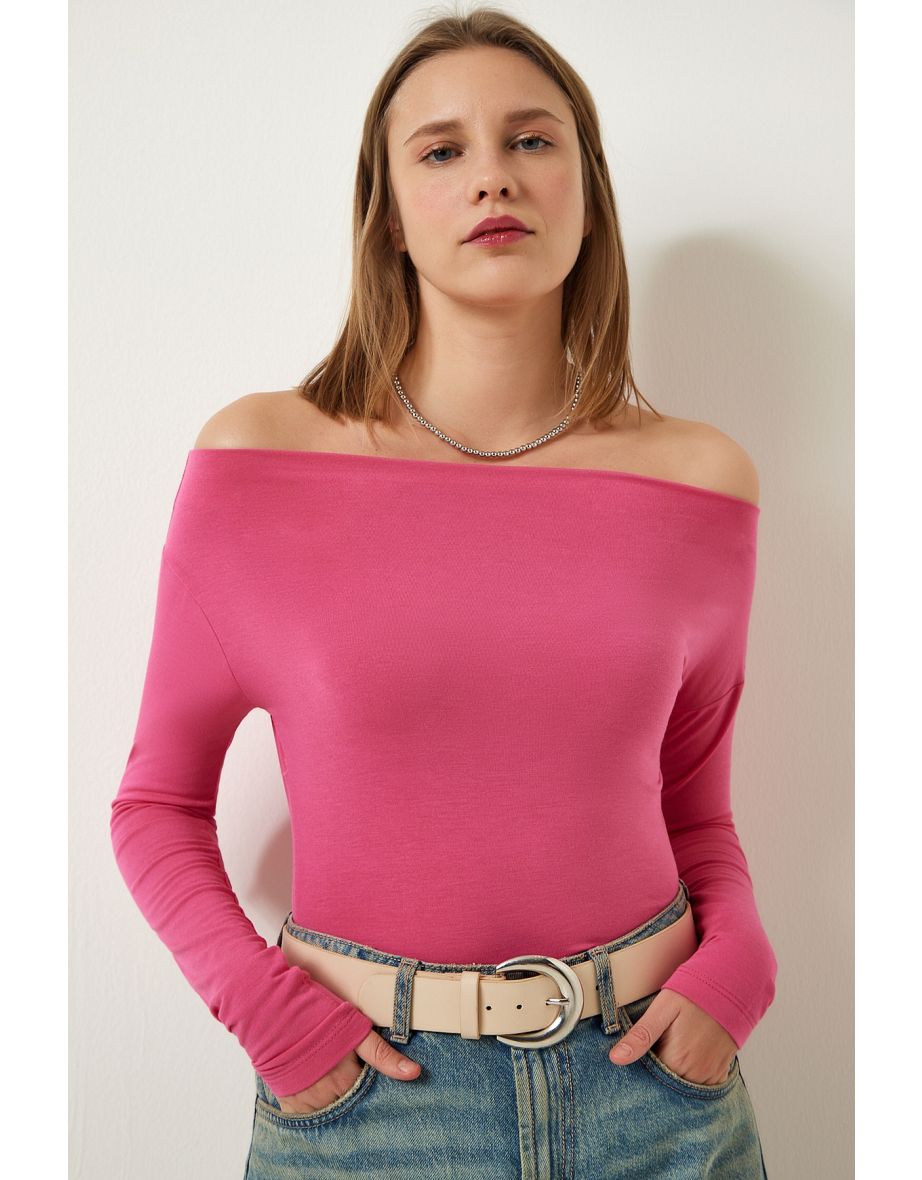 Women's Pink Boat Neck Knitted Blouse