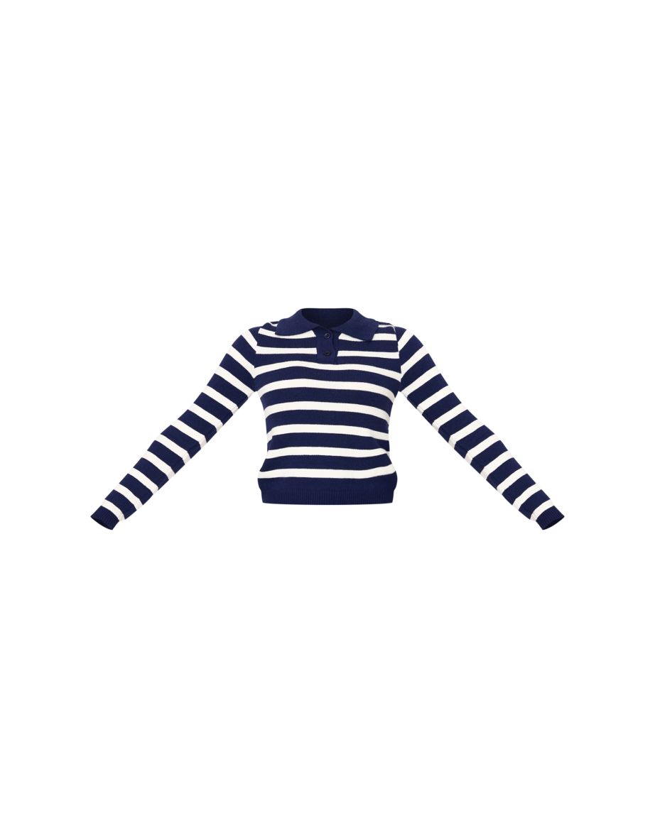 Petite Navy Knitted Stripe Collar Detail Long Sleeve Top - 4